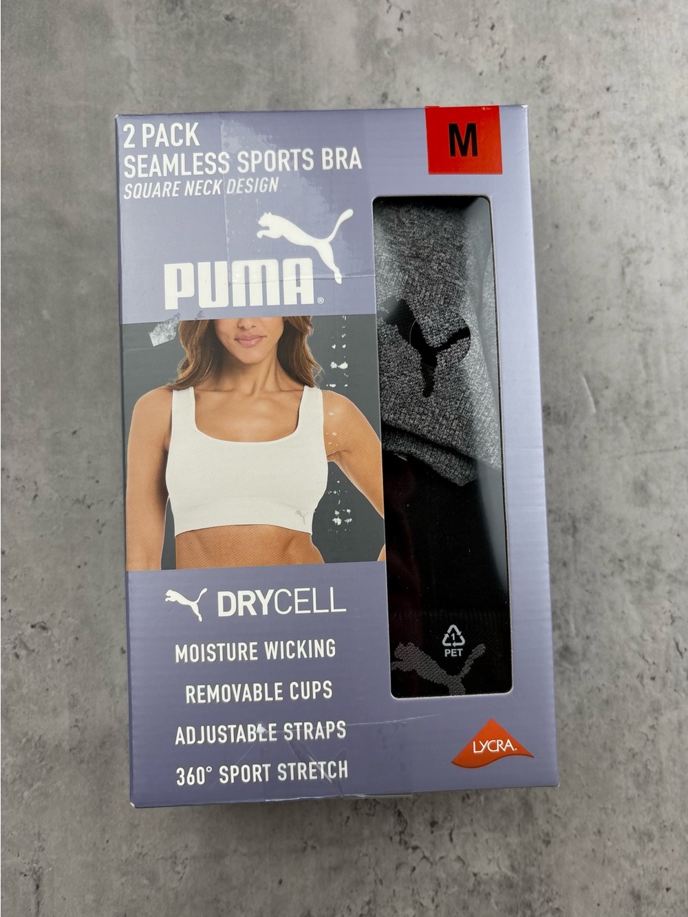 Puma Women's 2-Pack Square Neck Seamless Sports Bra, black/charcoal gray Size M